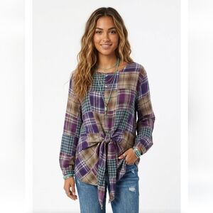 Ma Paints Designer Madras Top M Plaid Patchwork Tie Waist Purple Artsy OOAK Boho